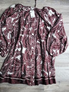 Boho Tie Waist Dress L NWT Burgundy Cream Flowy Long Sleeve Midi